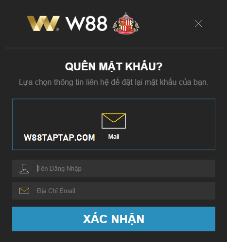 Nhập thông tin quên mật khẩu W88
